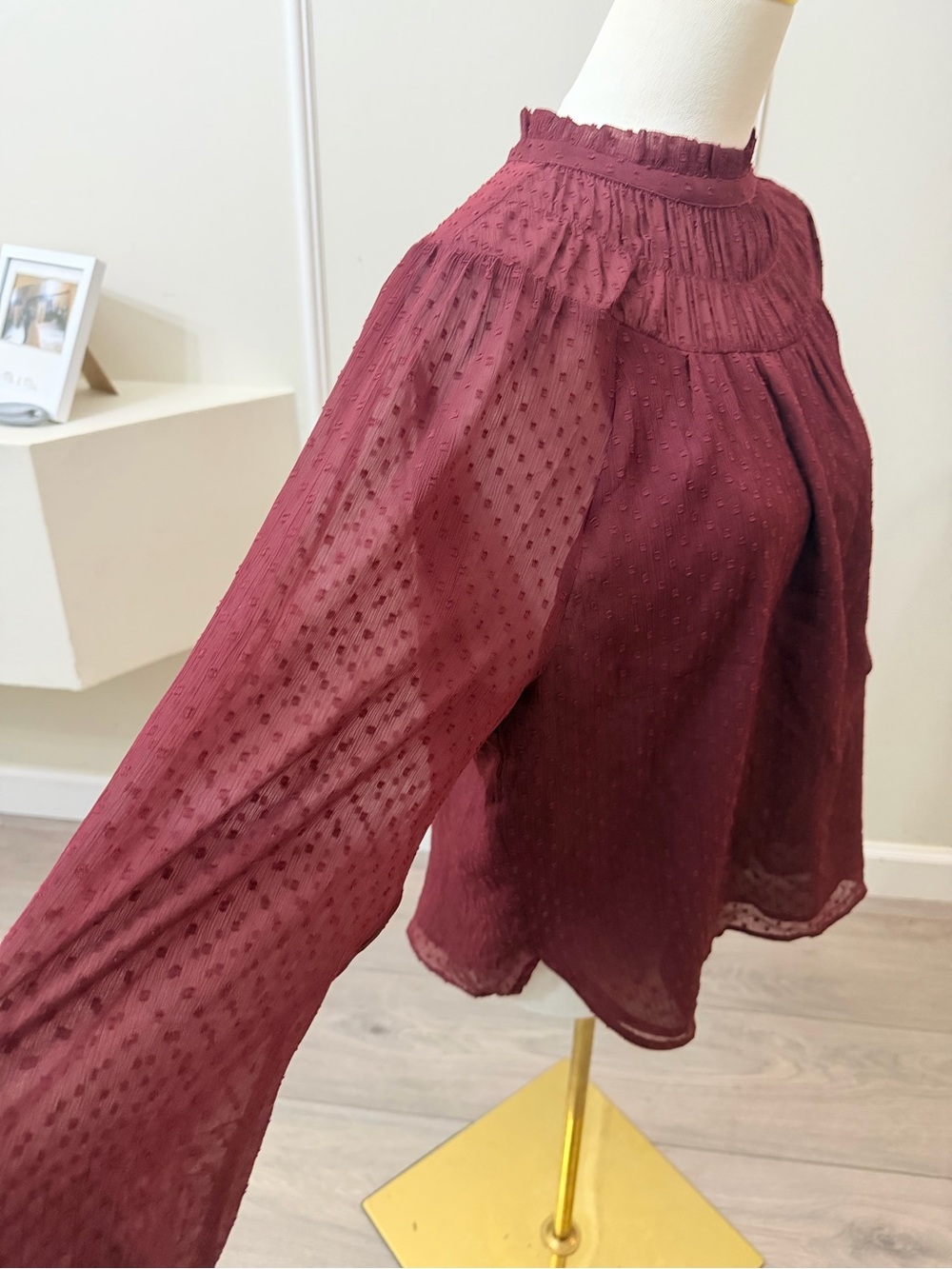 LOFT Burgundy Smocked High-Neck Blouse - Picture 10 of 11